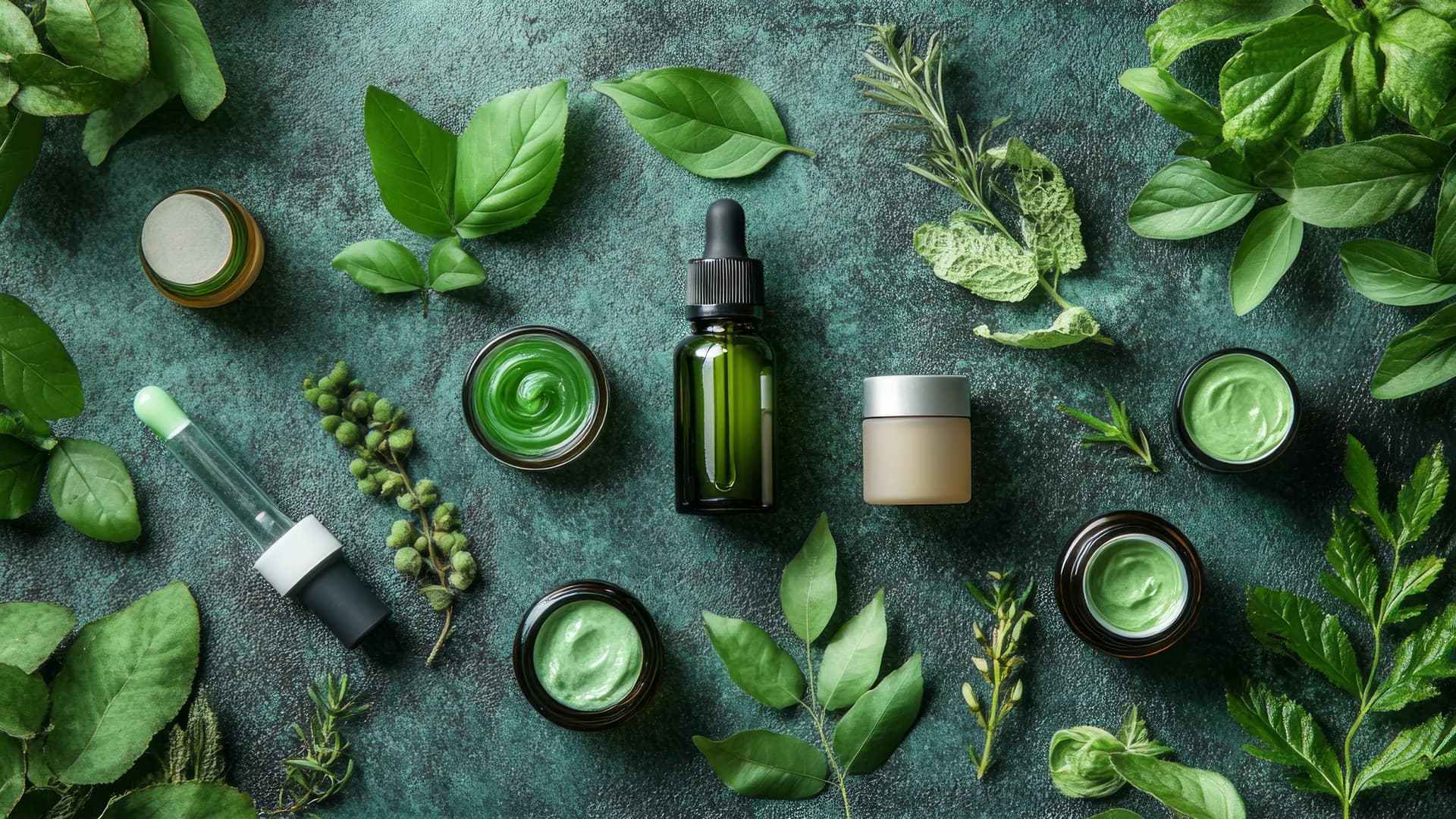Natürliche Skincare-Produkte mit grünen Blättern