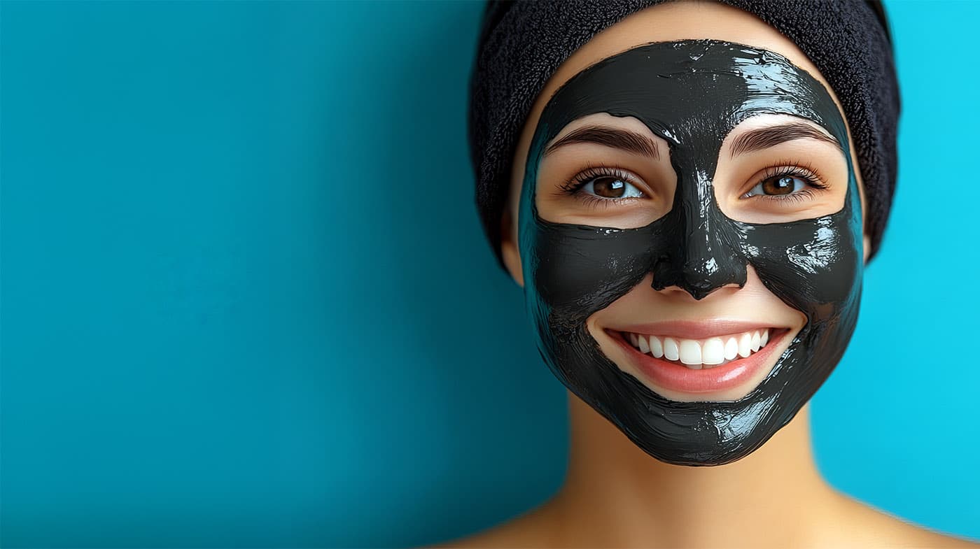 Carbon Peeling Behandlung - Frau mit schwarzer Carbonmaske lächelt