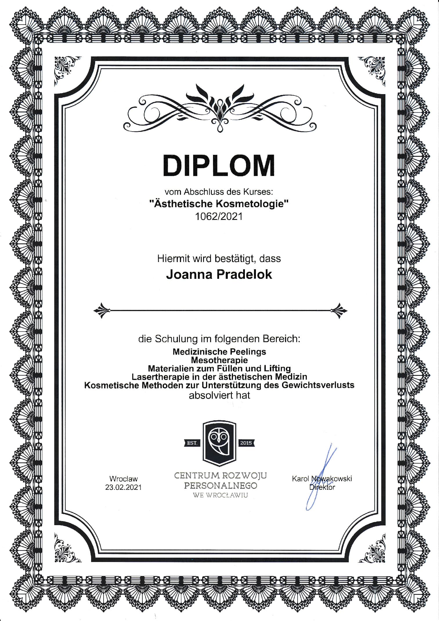 Diplom Ästhetische Kosmetologie, Wroclaw, 23.02.2021