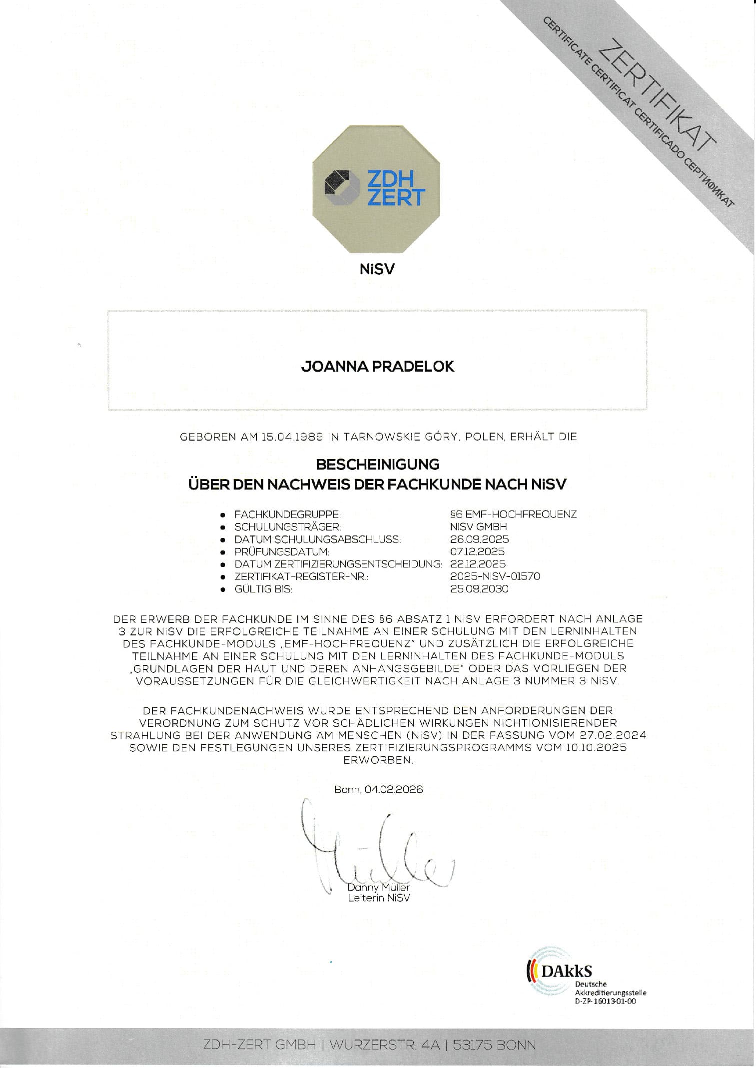 NiSV Fachkunde EMF-Hochfrequenz, ZDH-ZERT, Register-Nr. 2025-NiSV-01570, gültig bis 25.09.2030
