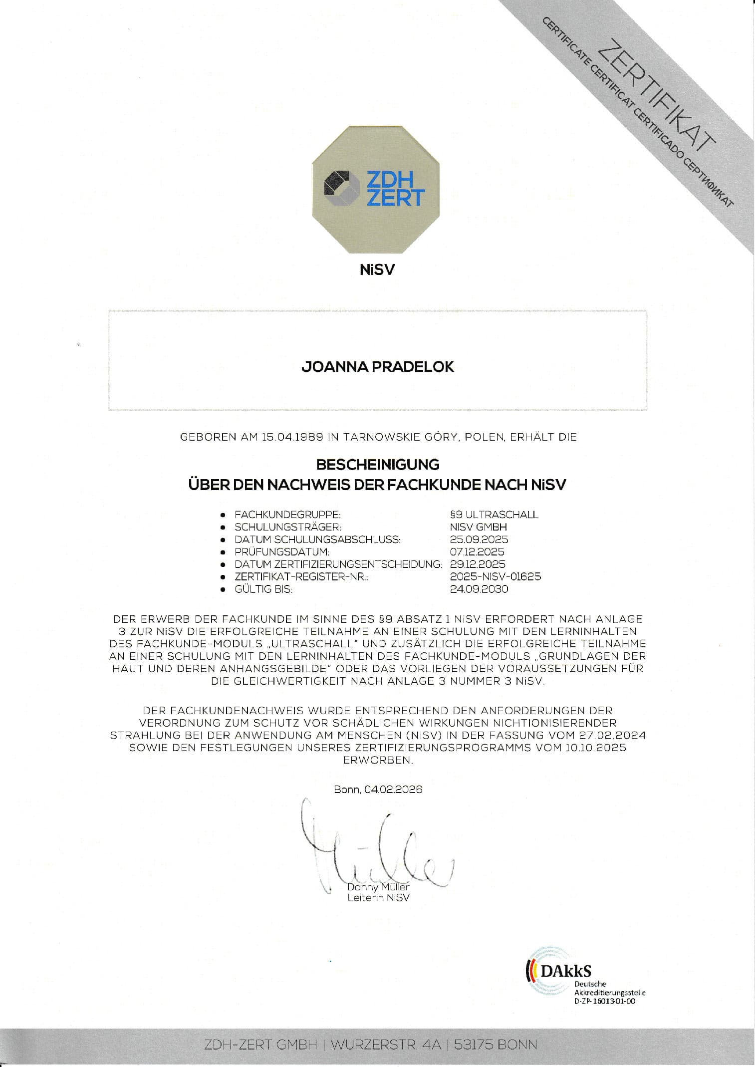 NiSV Fachkunde Ultraschall, ZDH-ZERT, Register-Nr. 2025-NiSV-01625, gültig bis 24.09.2030